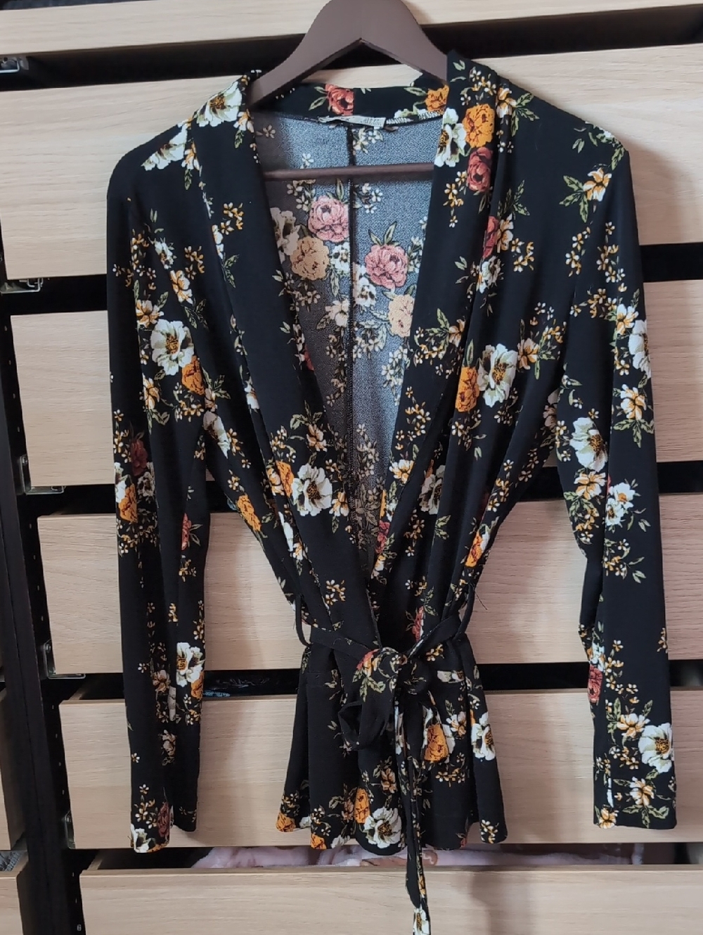 Dex Black Floral Top with Red and Cream Blooms